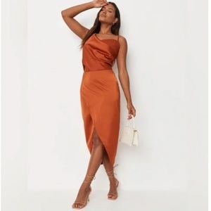 NWT Missguided |  Satin Drape Asymmetric Strap Midi Dress | Copper | Size: 6